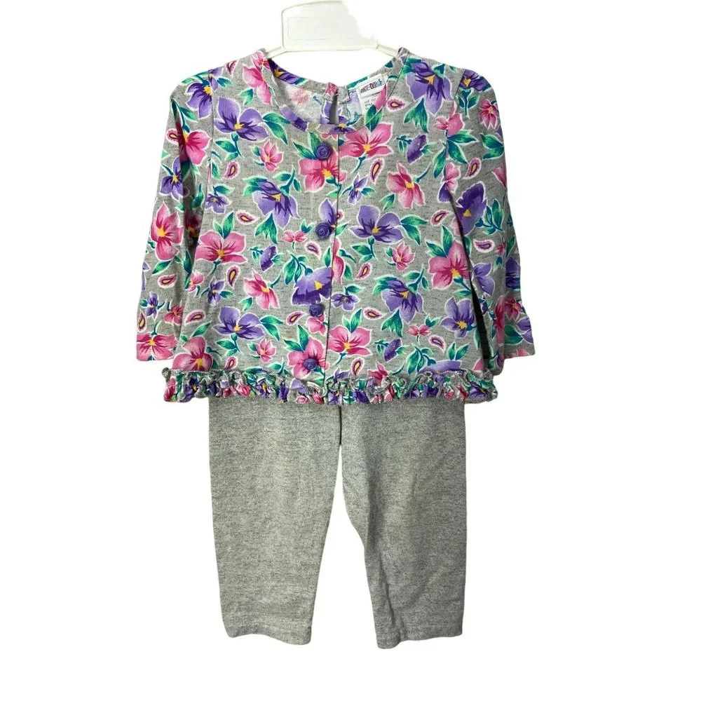 Okie Dokie Vintage Gray Floral Print‎ Girls Size 24 Months 2 Piece Outfit